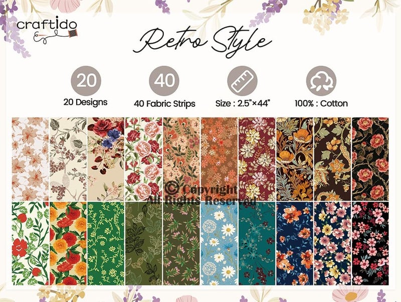 craftido -18 Options-100% Cotton Jelly Roll Fabric Precut Strips for Quilting, Crafting, and Sewing, 40 Strips 2.5" x 44" Assorted Bundles for Rug, Quilt Project, DIY Craft and Home Decor-Retro Style - Image 4